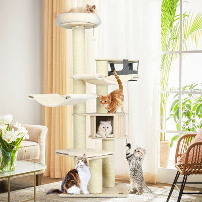77.5 Inch All-In-One Tall Cat Tree Condo Multi-Level Large Kitten Activity Tower with Hammocks and Hanging Basket for Cats