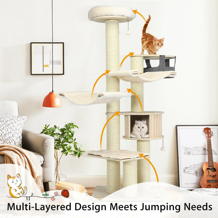 77.5 Inch All-In-One Tall Cat Tree Condo Multi-Level Large Kitten Activity Tower with Hammocks and Hanging Basket for Cats