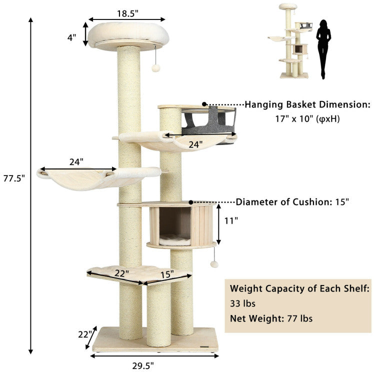 77.5 Inch All-In-One Tall Cat Tree Condo Multi-Level Large Kitten Activity Tower with Hammocks and Hanging Basket for Cats