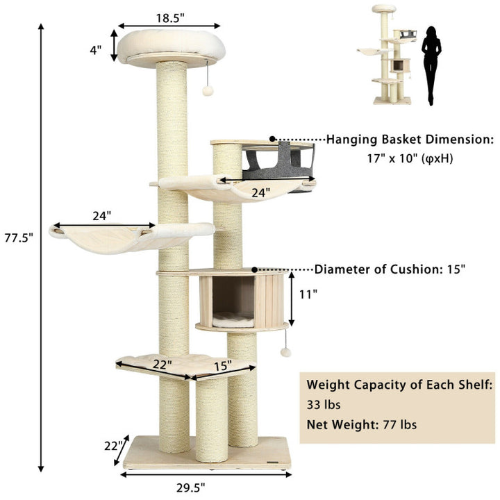 77.5 Inch All-In-One Tall Cat Tree Condo Multi-Level Large Kitten Activity Tower with Hammocks and Hanging Basket for Cats