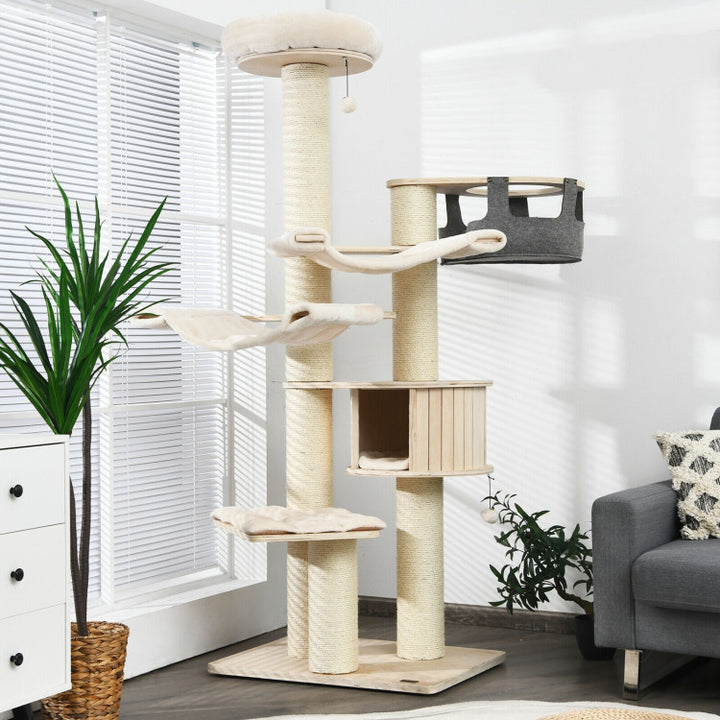77.5 Inch All-In-One Tall Cat Tree Condo Multi-Level Large Kitten Activity Tower with Hammocks and Hanging Basket for Cats