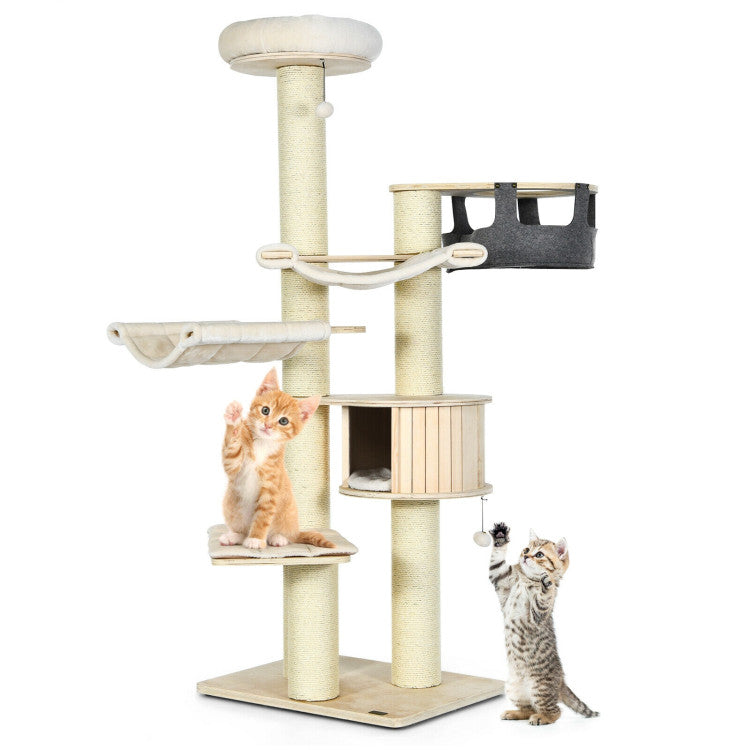 77.5 Inch All-In-One Tall Cat Tree Condo Multi-Level Large Kitten Activity Tower with Hammocks and Hanging Basket for Cats