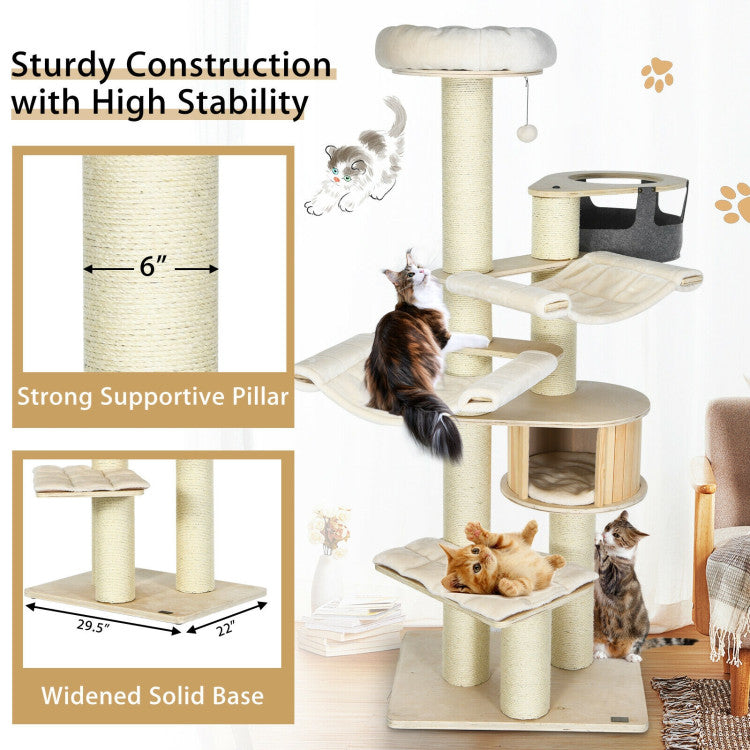 77.5 Inch All-In-One Tall Cat Tree Condo Multi-Level Large Kitten Activity Tower with Hammocks and Hanging Basket for Cats