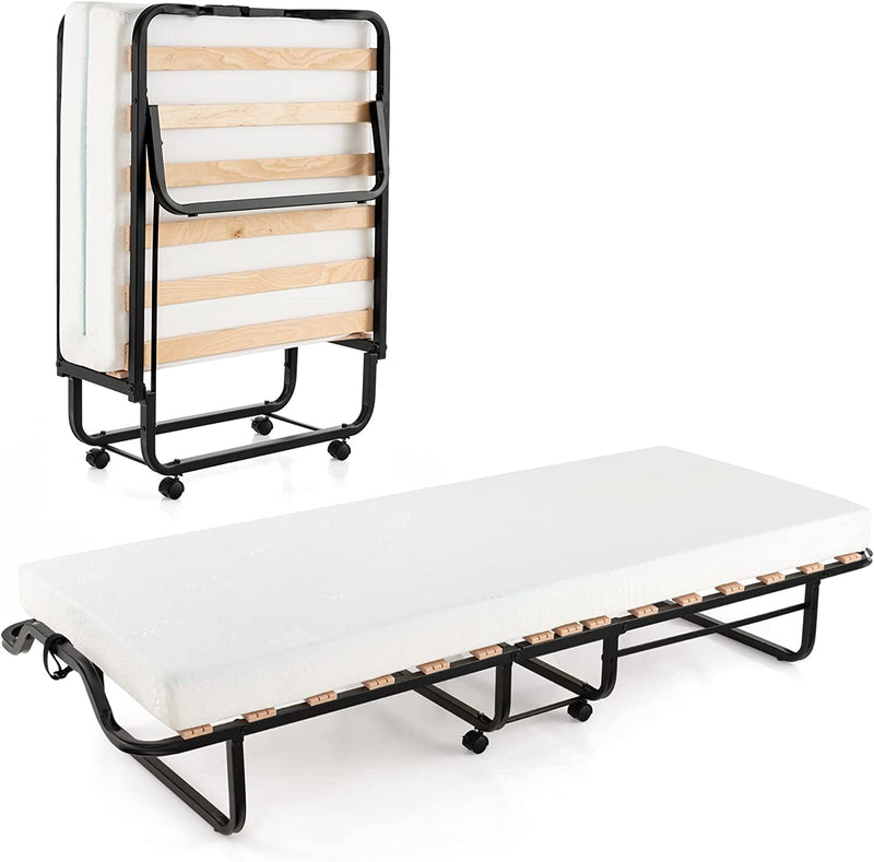 78 x 31 Inch Portable Guest Bed Twin Size Folding Bed Rollaway Bed Frame with Lockable Wheels and Foam Mattress for Home Office