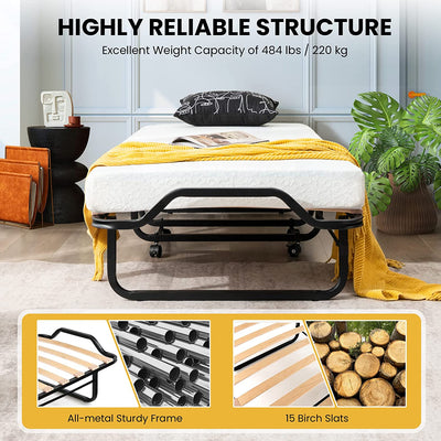 78 x 31 Inch Portable Guest Bed Twin Size Folding Bed Rollaway Bed Frame with Lockable Wheels and Foam Mattress for Home Office