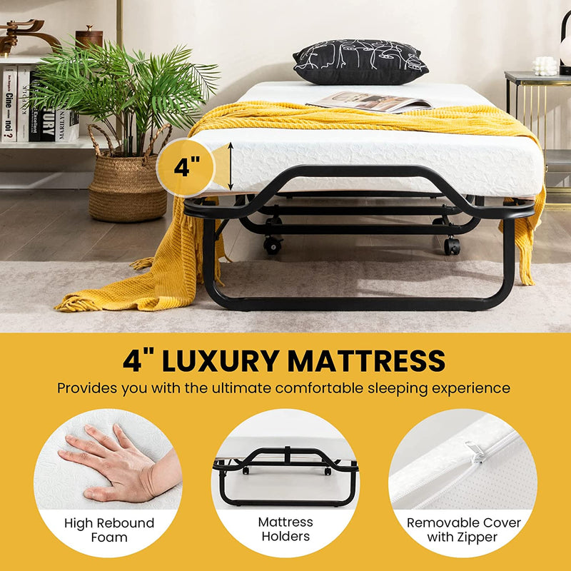 78 x 31 Inch Portable Guest Bed Twin Size Folding Bed Rollaway Bed Frame with Lockable Wheels and Foam Mattress for Home Office