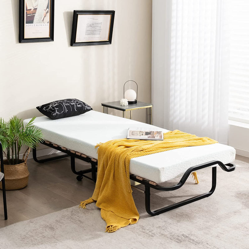 78 x 31 Inch Portable Guest Bed Twin Size Folding Bed Rollaway Bed Frame with Lockable Wheels and Foam Mattress for Home Office