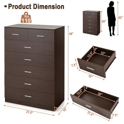 7 Drawers Dresser Wooden Tall Storage Chest Organizer Practical Cabinet with Guide Rails and Anti-toppling Device for Bedroom Entryway