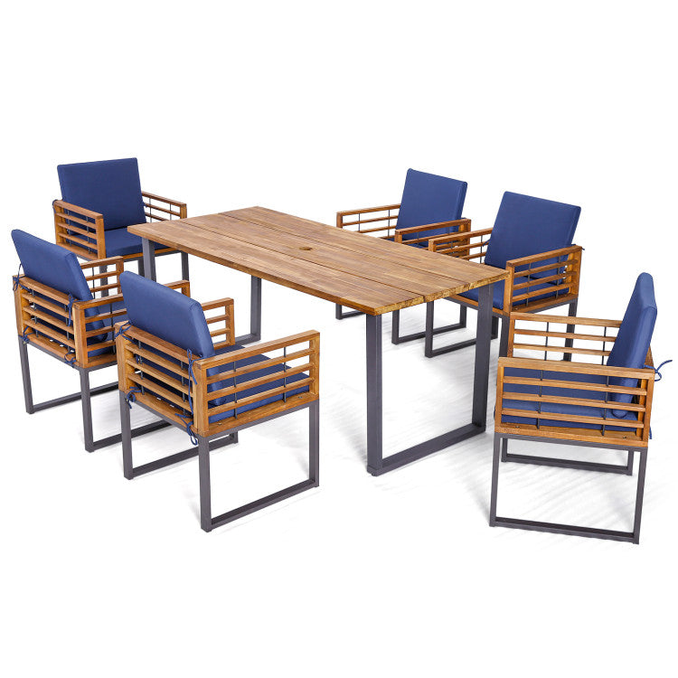7 Pieces Outdoor Dining Table Sets Patio Acacia Wood Dining set with Umbrella Hole and Cushion