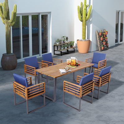 7 Pieces Outdoor Dining Table Sets Patio Acacia Wood Dining set with Umbrella Hole and Cushion
