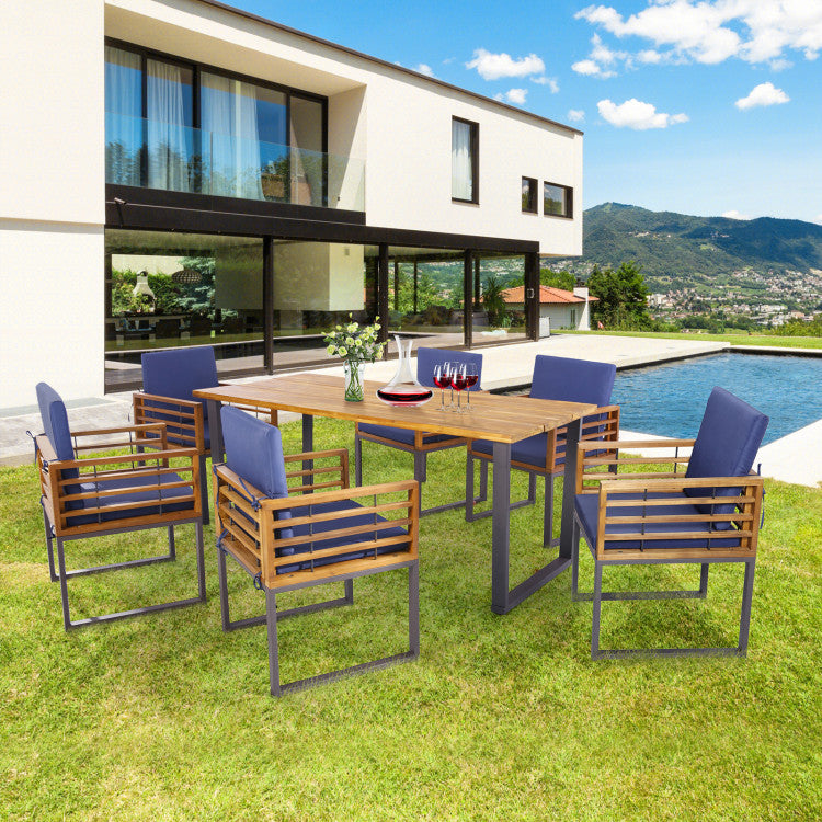 7 Pieces Outdoor Dining Table Sets Patio Acacia Wood Dining set with Umbrella Hole and Cushion