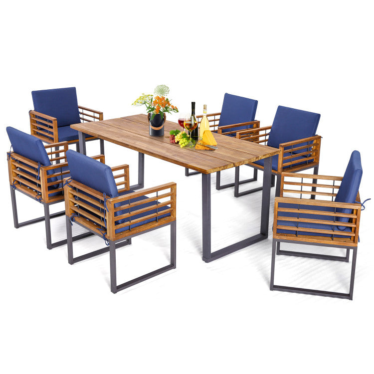 7 Pieces Outdoor Dining Table Sets Patio Acacia Wood Dining set with Umbrella Hole and Cushion