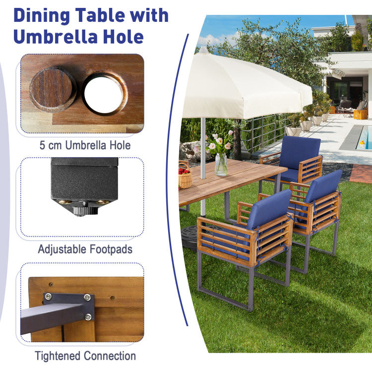 7 Pieces Outdoor Dining Table Sets Patio Acacia Wood Dining set with Umbrella Hole and Cushion