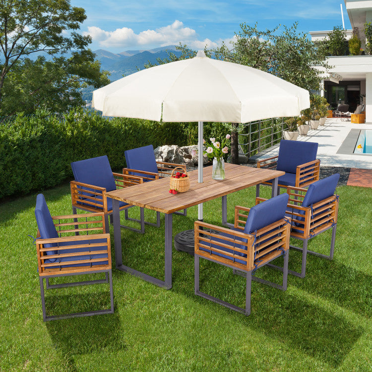 7 Pieces Outdoor Dining Table Sets Patio Acacia Wood Dining set with U ...