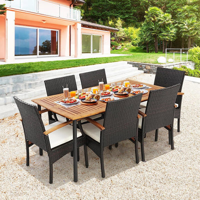 7 Pieces Patio Rattan Dining Table Sets Outdoor Conversation Bar Set with Umbrella Hole and Detachable Cushions