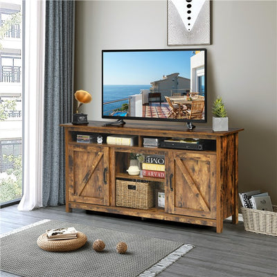 58 Inch Industrial Fireplace TV Stand Entertainment Console Tabletop with Detachable Shelf and Cabinet