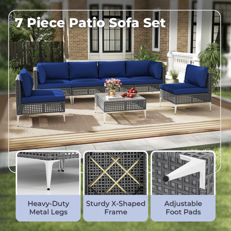 7 Piece Outdoor Furniture Set Wicker Chairs with Tempered Glass Coffee Table