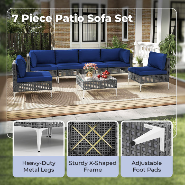 7 Piece Outdoor Furniture Set Wicker Chairs with Tempered Glass Coffee Table