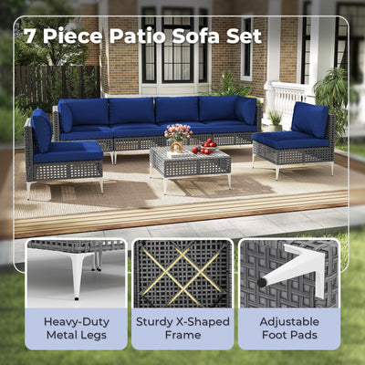 7 Piece Outdoor Furniture Set Wicker Chairs with Tempered Glass Coffee Table