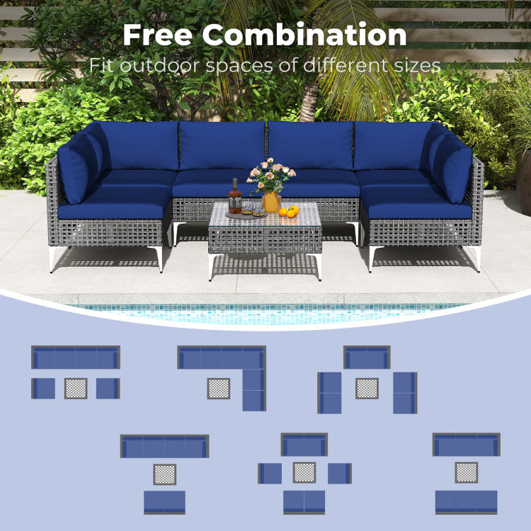 7 Piece Outdoor Furniture Set Wicker Chairs with Tempered Glass Coffee Table