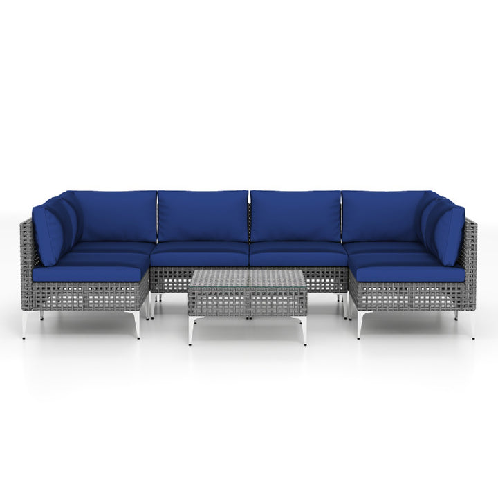7 Piece Outdoor Furniture Set Wicker Chairs with Tempered Glass Coffee Table