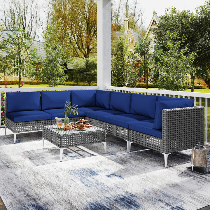 7 Piece Outdoor Furniture Set Wicker Chairs with Tempered Glass Coffee Table