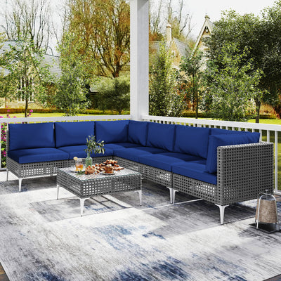 7 Piece Outdoor Furniture Set Wicker Chairs with Tempered Glass Coffee Table