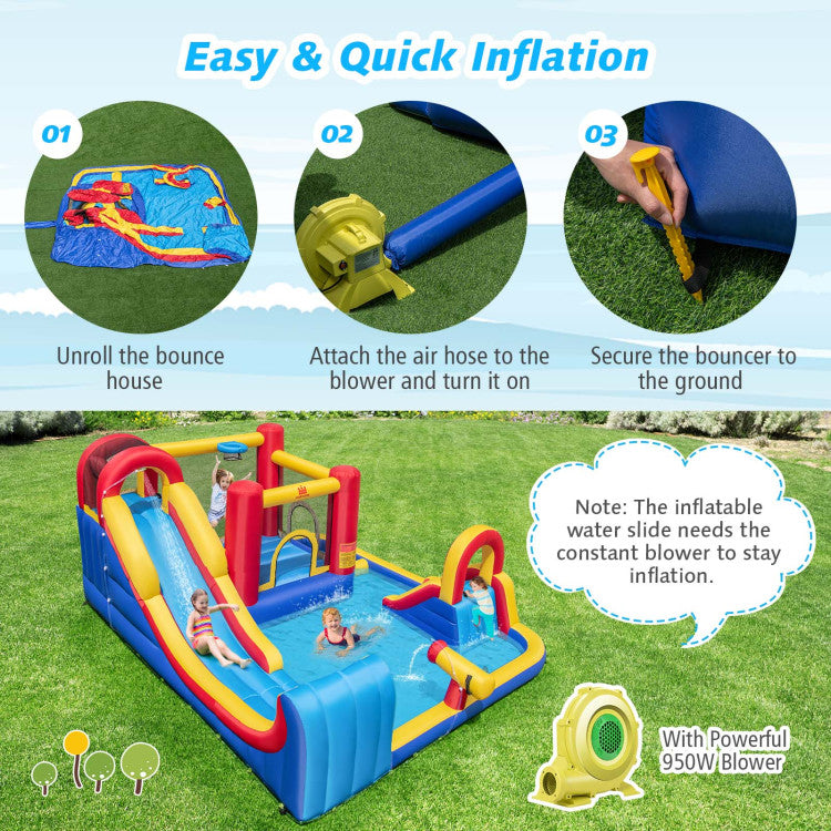 7 in 1 Outdoor Giant Inflatable Bounce House Water Slides with 950W Blower and Splash Pools