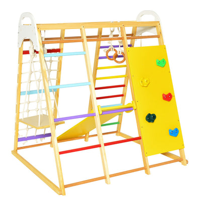 8-in-1 Indoor Jungle Gym Set Kids Wooden Climbing Toys Playset with Slide and Monkey Bars