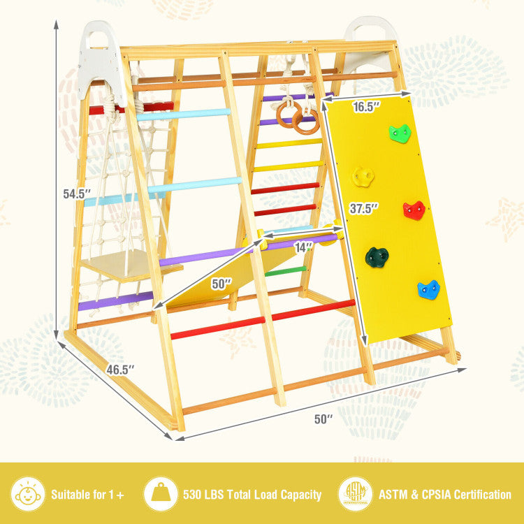 8-in-1 Indoor Jungle Gym Set Kids Wooden Climbing Toys Playset with Slide and Monkey Bars