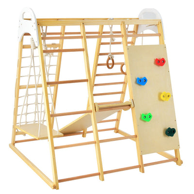 8-in-1 Indoor Jungle Gym Set Kids Wooden Climbing Toys Playset with Slide and Monkey Bars