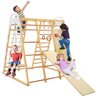 8-in-1 Indoor Jungle Gym Set Kids Wooden Climbing Toys Playset with Slide and Monkey Bars