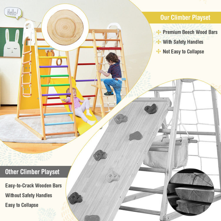 8-in-1 Indoor Jungle Gym Set Kids Wooden Climbing Toys Playset with Slide and Monkey Bars