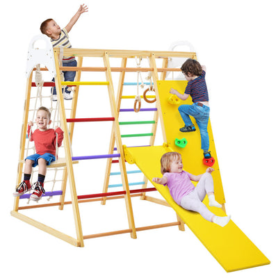 8-in-1 Indoor Jungle Gym Set Kids Wooden Climbing Toys Playset with Slide and Monkey Bars