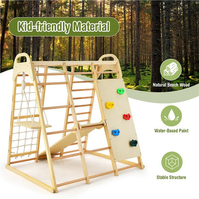 8-in-1 Kids Wood Climber Playset Toddlers Climbing Toys Indoor Playground Jungle Gym with Slide Swing Climbing Net and Rope Ladder