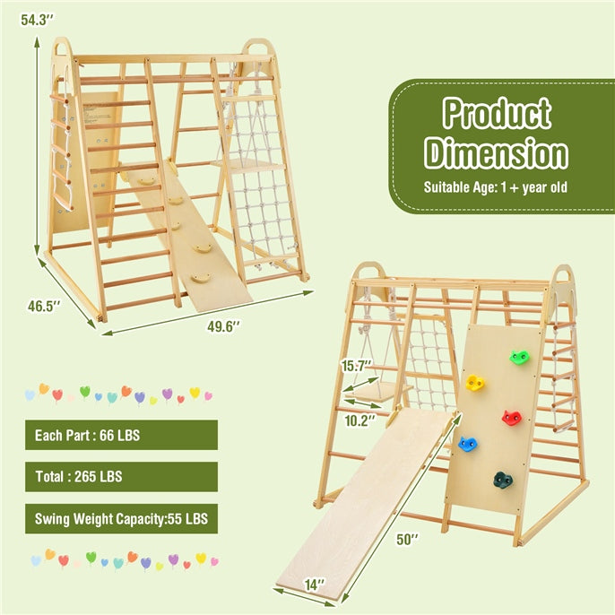 8-in-1 Kids Wood Climber Playset Toddlers Climbing Toys Indoor Playground Jungle Gym with Slide Swing Climbing Net and Rope Ladder