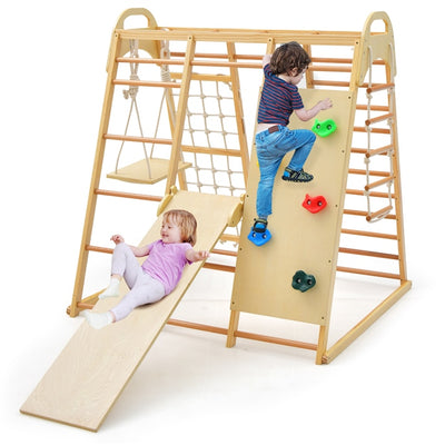 8-in-1 Kids Wood Climber Playset Toddlers Climbing Toys Indoor Playground Jungle Gym with Slide Swing Climbing Net and Rope Ladder