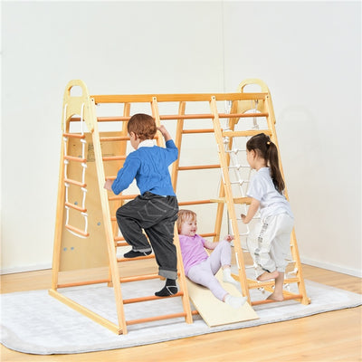 8-in-1 Kids Wood Climber Playset Toddlers Climbing Toys Indoor Playground Jungle Gym with Slide Swing Climbing Net and Rope Ladder