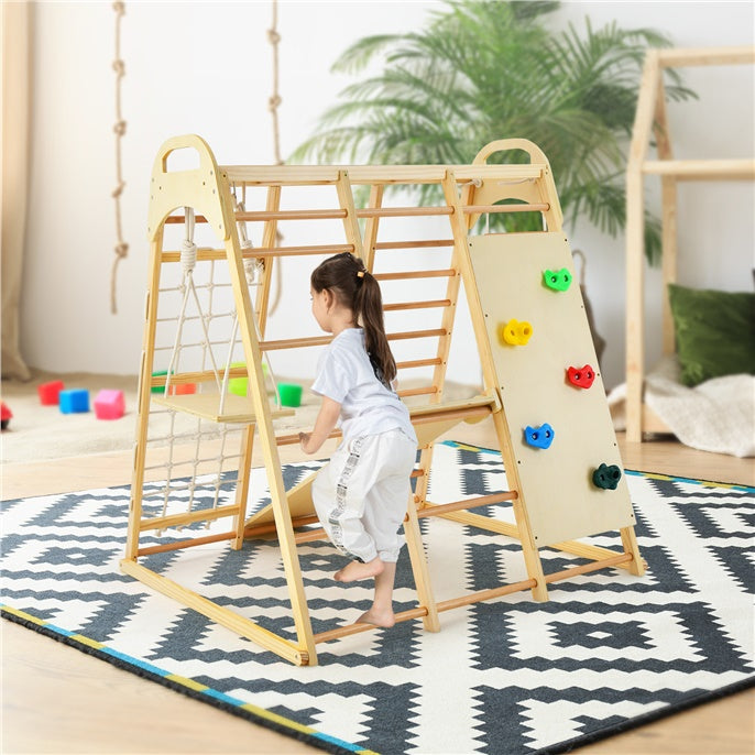 8-in-1 Kids Wood Climber Playset Toddlers Climbing Toys Indoor Playground Jungle Gym with Slide Swing Climbing Net and Rope Ladder