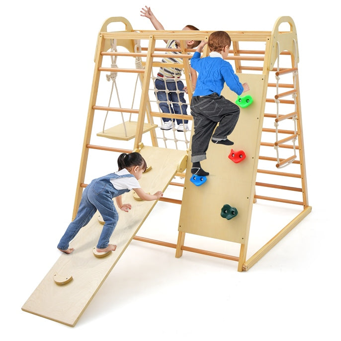 8-in-1 Kids Wood Climber Playset Toddlers Climbing Toys Indoor Playground Jungle Gym with Slide Swing Climbing Net and Rope Ladder