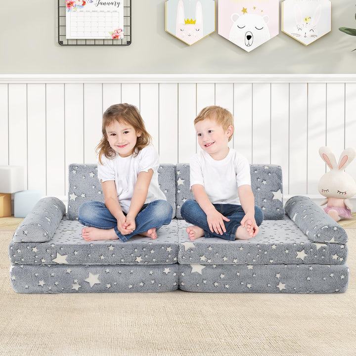 Modular Kids Play Couch, 8 PCS Fluorescent Toddler Creative Sectional Fort Building Sofa for Playroom