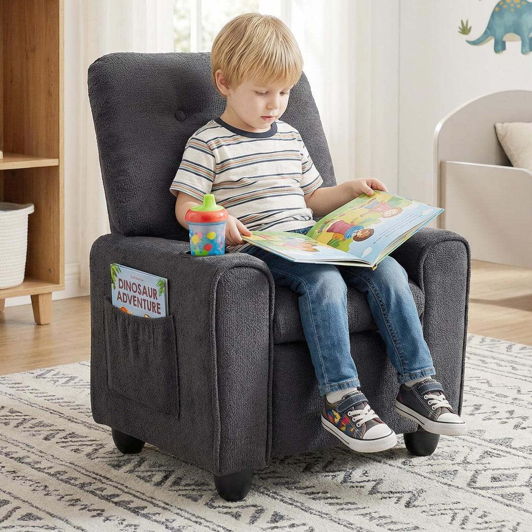 Kids Recliner, Toddler Lounge Chair with Adjustable Backrest Footrest Cup Holder Side Pockets