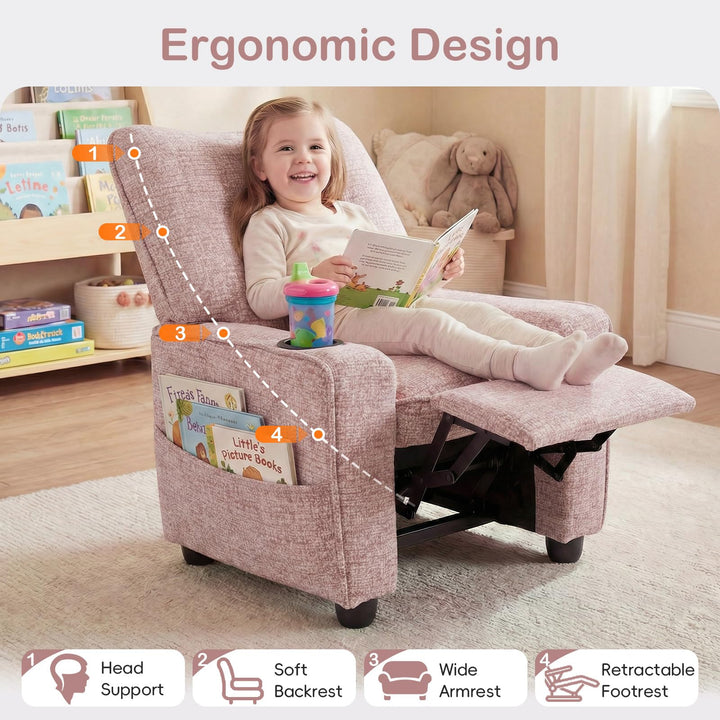 Kids Recliner, Toddler Lounge Chair with Adjustable Backrest Footrest Side Pockets Cup Holder 90 lbs Load