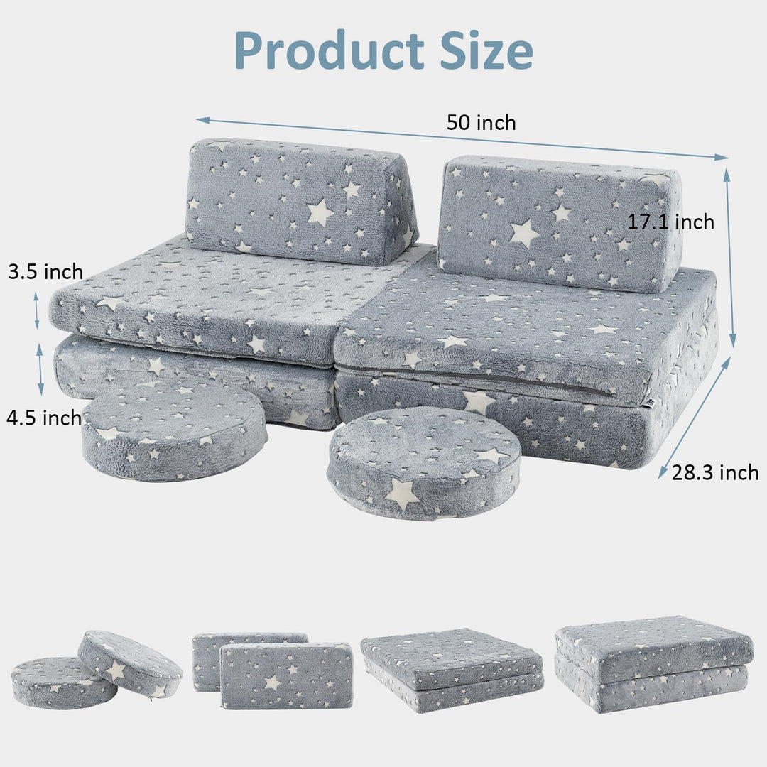 Modular Kids Play Couch, 6 PCS Fluorescent Toddler Creative Sectional Fort Building Sofa for Playroom