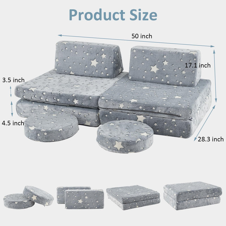 Modular Kids Play Couch, 6 PCS Fluorescent Toddler Creative Sectional Fort Building Sofa for Playroom