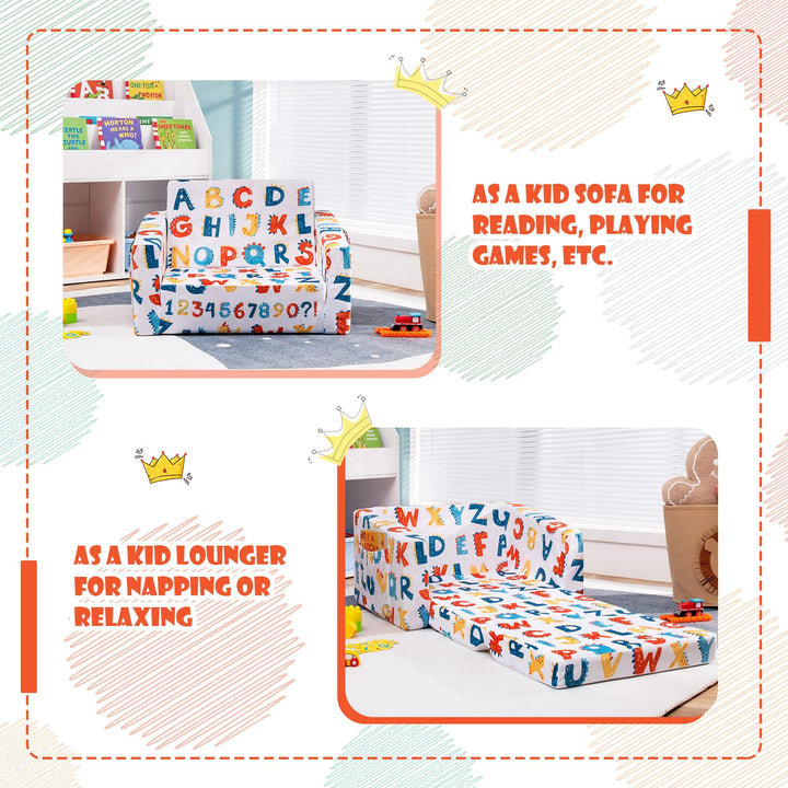 Fold out Toddler Sofa, Convertible Children Couch to Lounger with Soft Velvet and Sponge