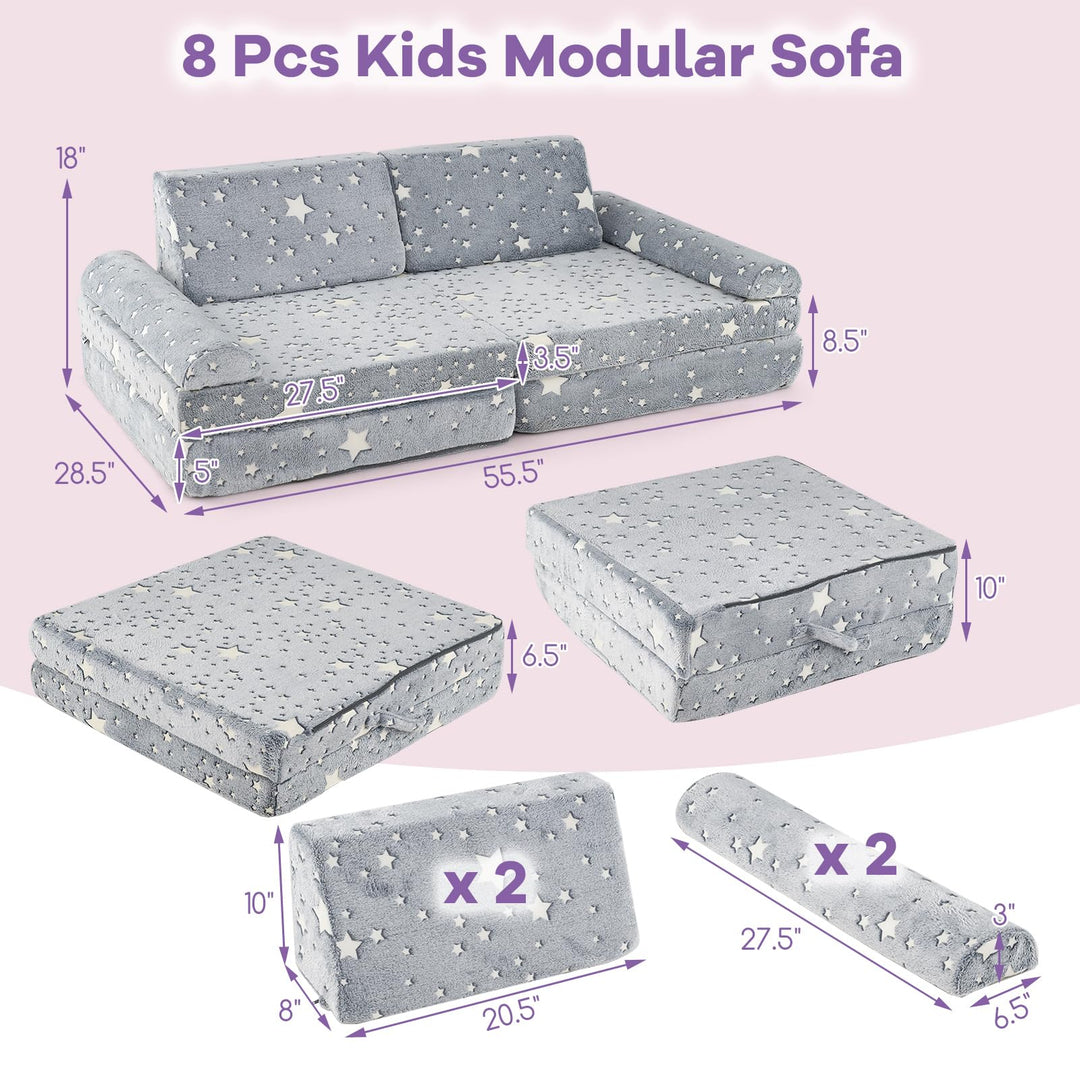 8 Pcs Modular Kids Play Couch, Glow in the Dark Toddler Sectional Sofa with Handles