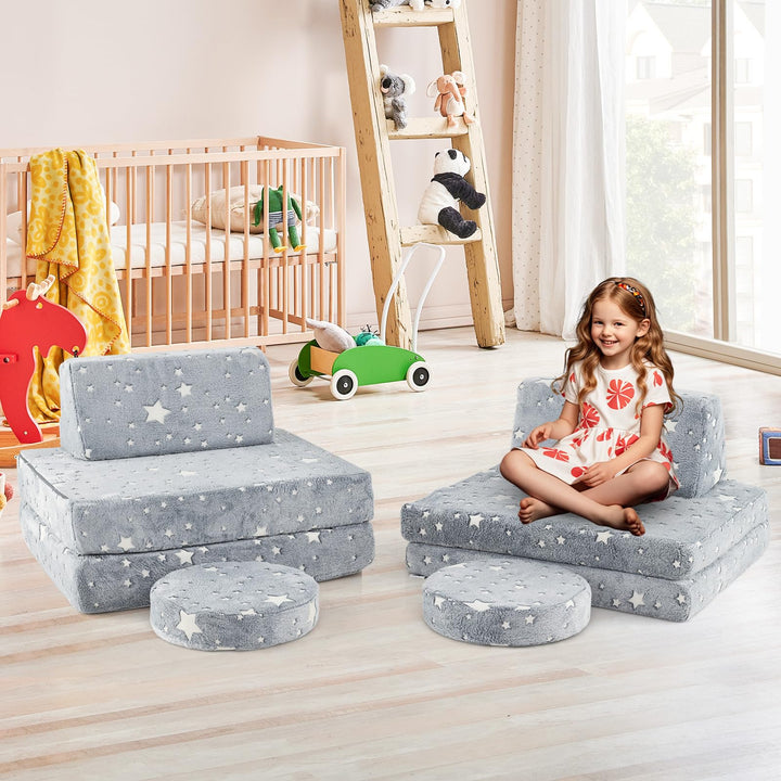 Modular Kids Play Couch, 6 PCS Fluorescent Toddler Creative Sectional Fort Building Sofa for Playroom