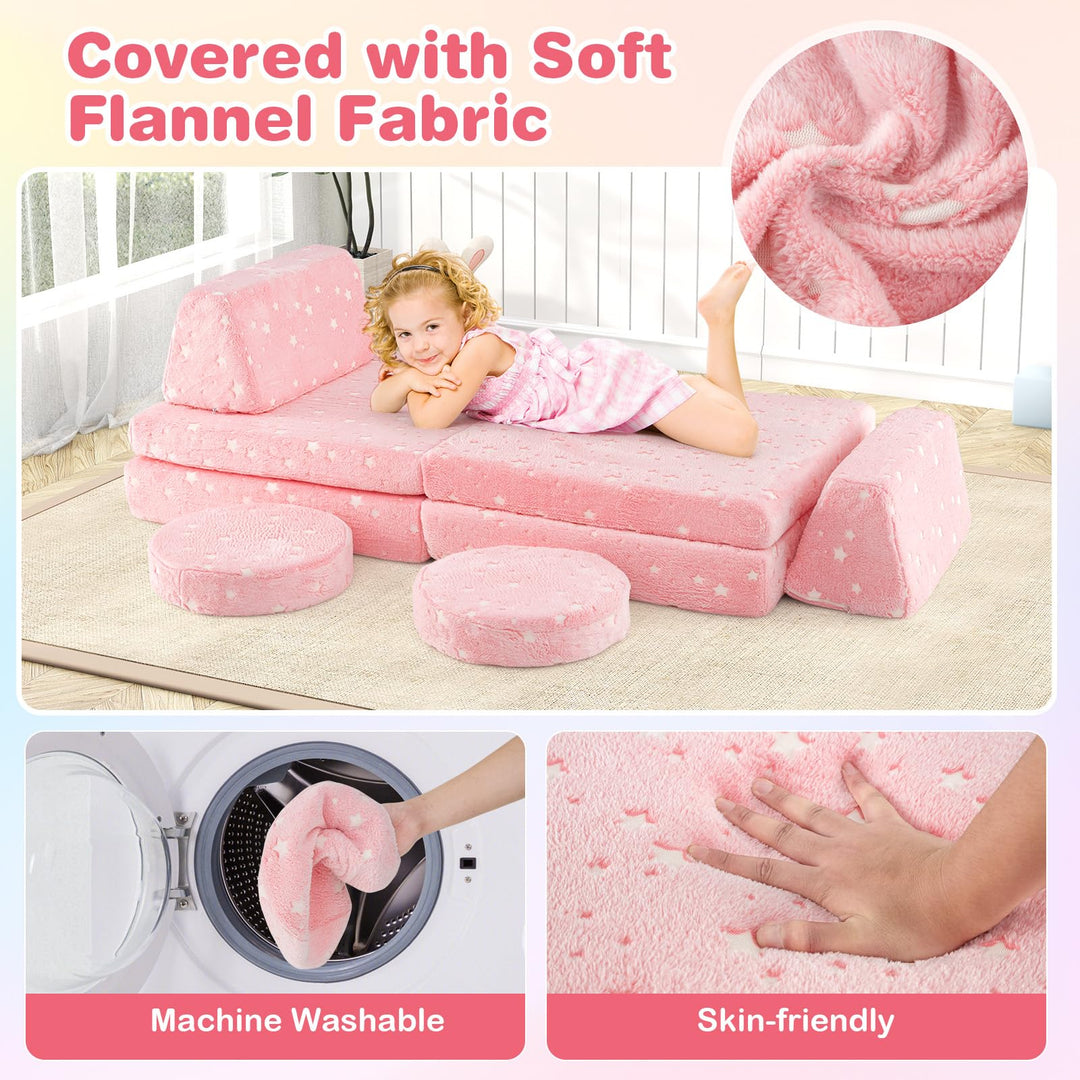 Glow in the Dark Kids Play Couch, Convertible Toddlers Modular Sofa Set with Soft Flannel Covers for Boys Girls