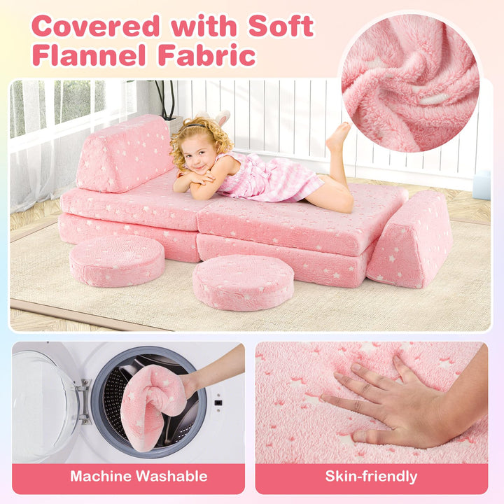 Glow in the Dark Kids Play Couch, Convertible Toddlers Modular Sofa Set with Soft Flannel Covers for Boys Girls